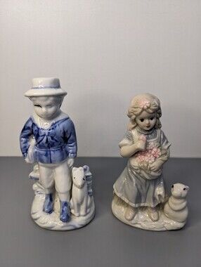 Japan Bisque Boy And Girl Figurines 1950s 1960s Pastel Porcelain Vintage